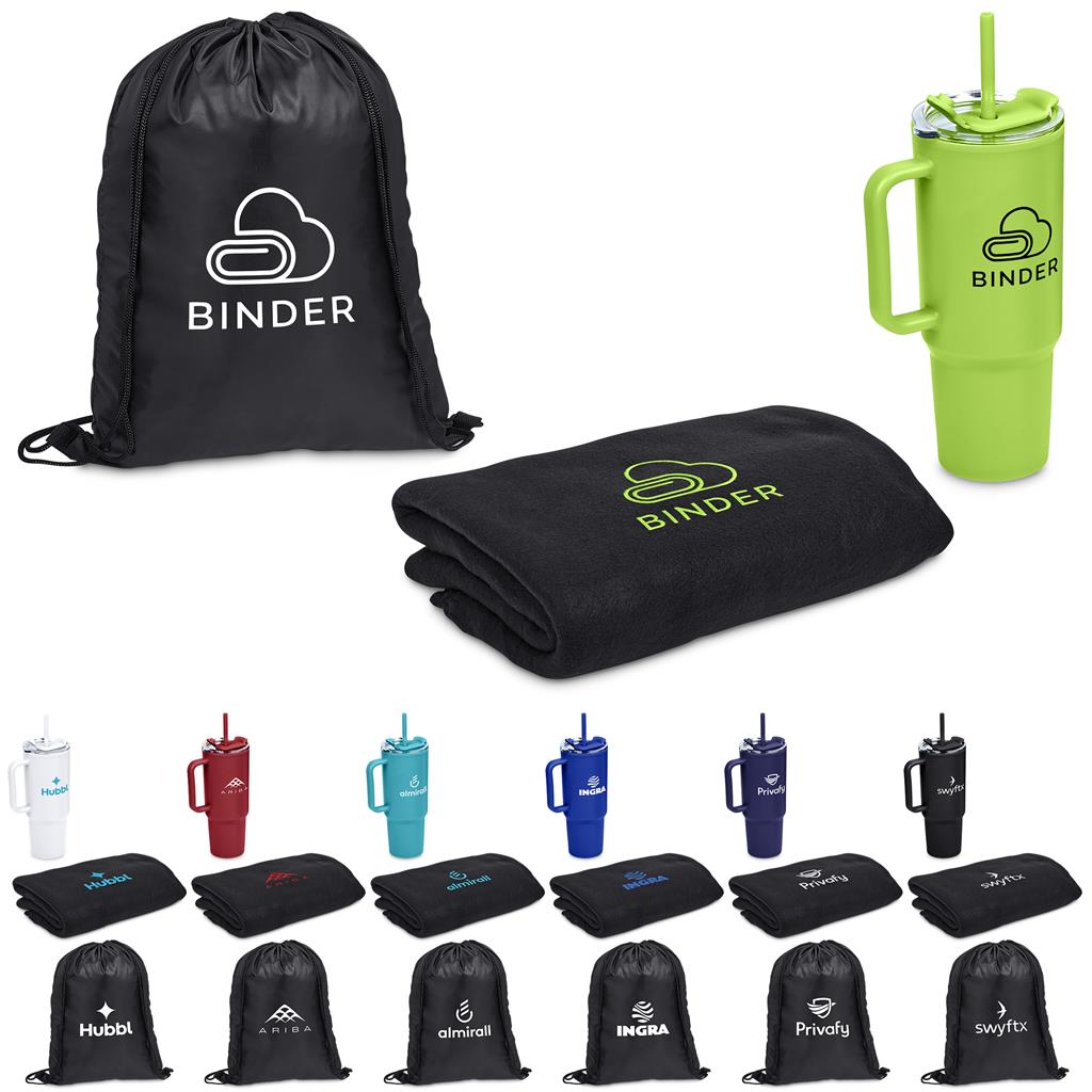 Corporate Gift Set with Large 1.2L Thermos Bottle and Blanket with Mesh Bag Bottle Gift Pack