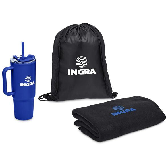 Corporate Gift Set with Large 1.2L Thermos Bottle and Blanket with Mesh Bag Bottle Gift Pack