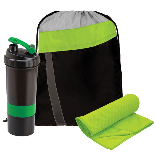 Workout Gift Set with 3-in-1 Shaker Bottle Cooling Towel In Handy Drawstring Bag Bottle Gift Pack
