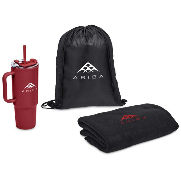 Corporate Gift Set with Large 1.2L Thermos Bottle and Blanket with Mesh Bag Bottle Gift Pack
