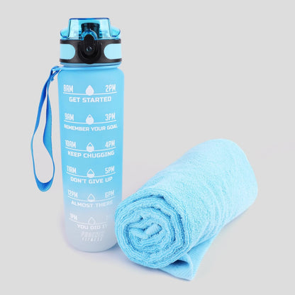 Sports Bottle Cooling Towel Pack Motivational Water Bottle 1000ml Water Bottle with Time Markers and Workout Towel Reusable BPA Free